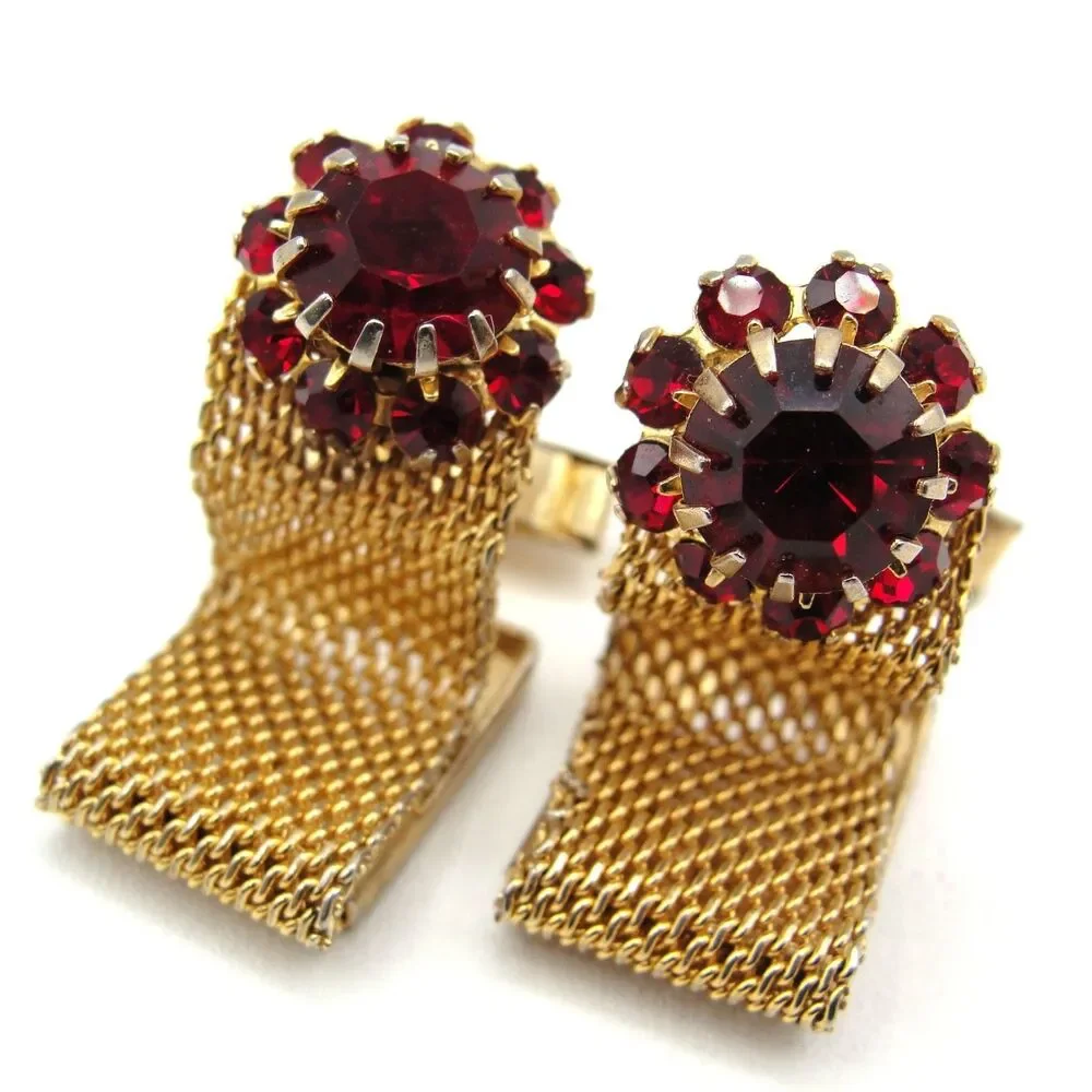 Vintage Ruby Red Rhinestone Mesh Wrap Around Cufflinks Gold Tone Mid Century